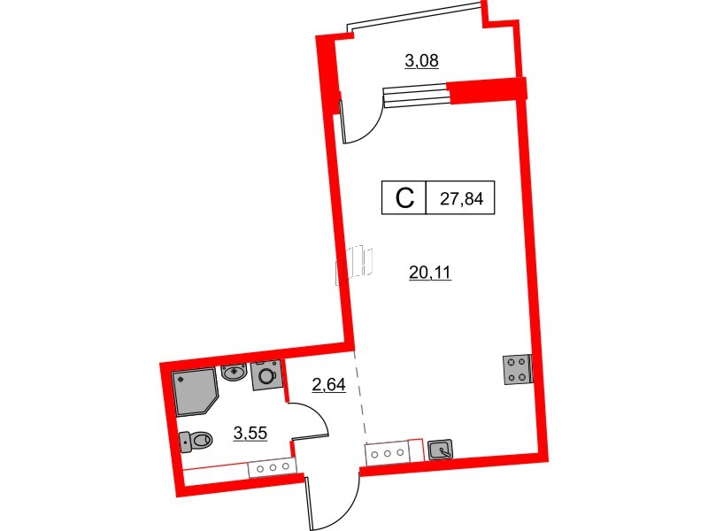 Квартира в ЖК «Авиатор», студия, 27.84 м², 11 этаж