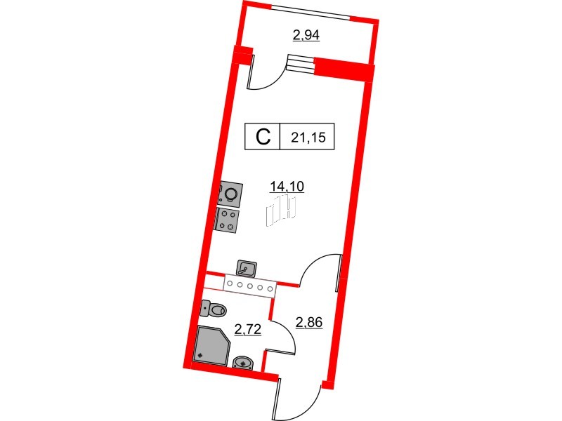 Квартира в ЖК Авиатор, студия, 21.15 м², 14 этаж