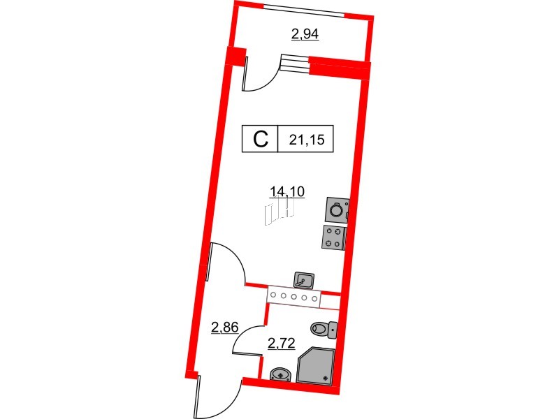 Квартира в ЖК Авиатор, студия, 21.15 м², 14 этаж