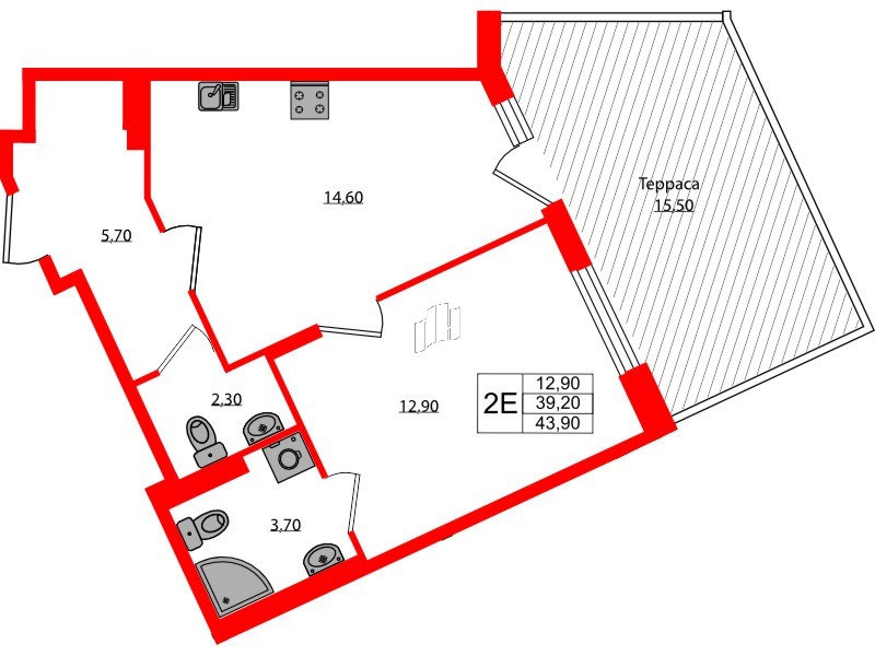 Квартира в ЖК Экография, 1 комнатная, 43.9 м², 1 этаж