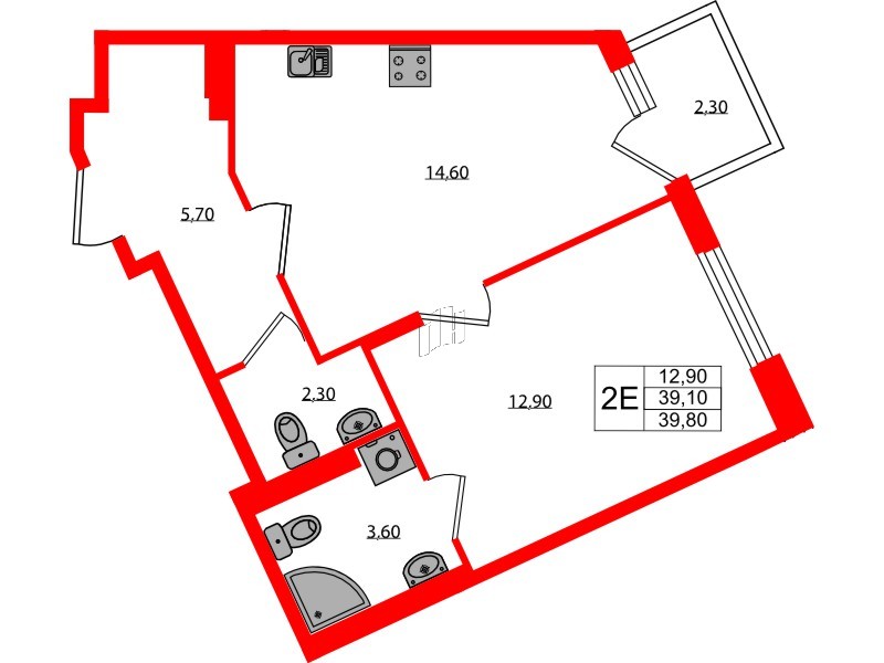 Квартира в ЖК Экография, 1 комнатная, 39.8 м², 2 этаж