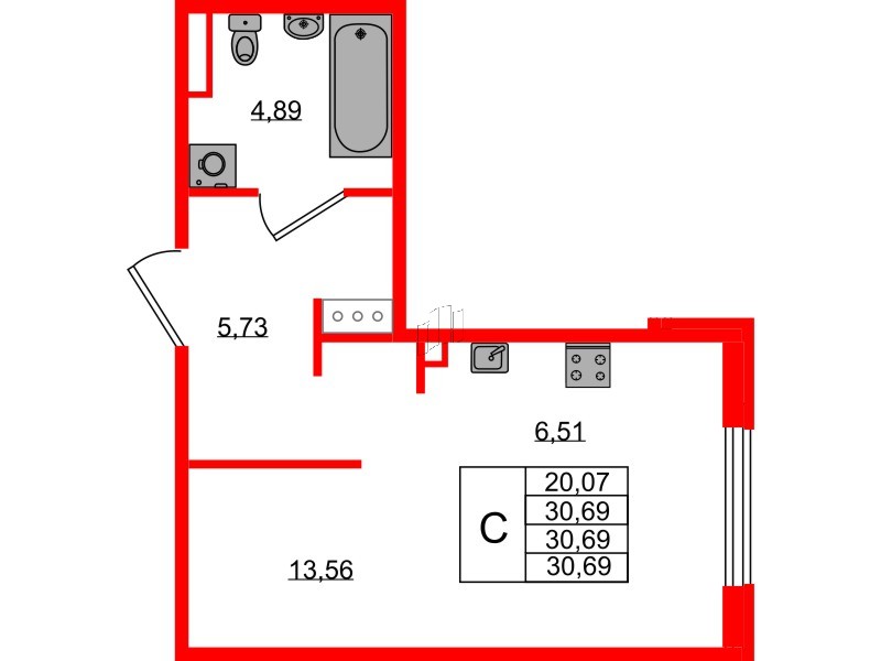 Квартира в ЖК Образцовый квартал, студия, 30.69 м², 3 этаж