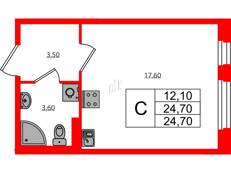 Квартира в ЖК Экография, студия, 24.7 м², 1 этаж