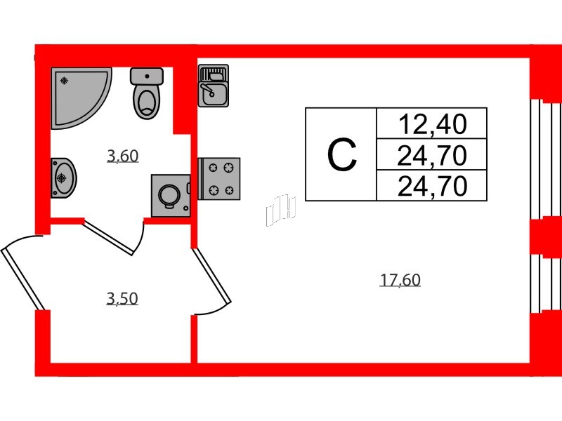Квартира в ЖК Экография, студия, 24.7 м², 1 этаж