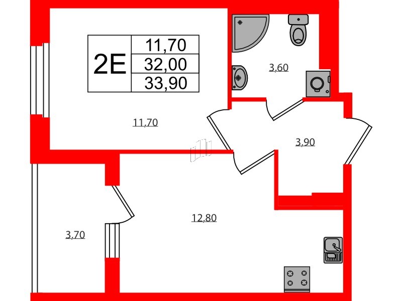 Квартира в ЖК Экография, 1 комнатная, 33.9 м², 3 этаж