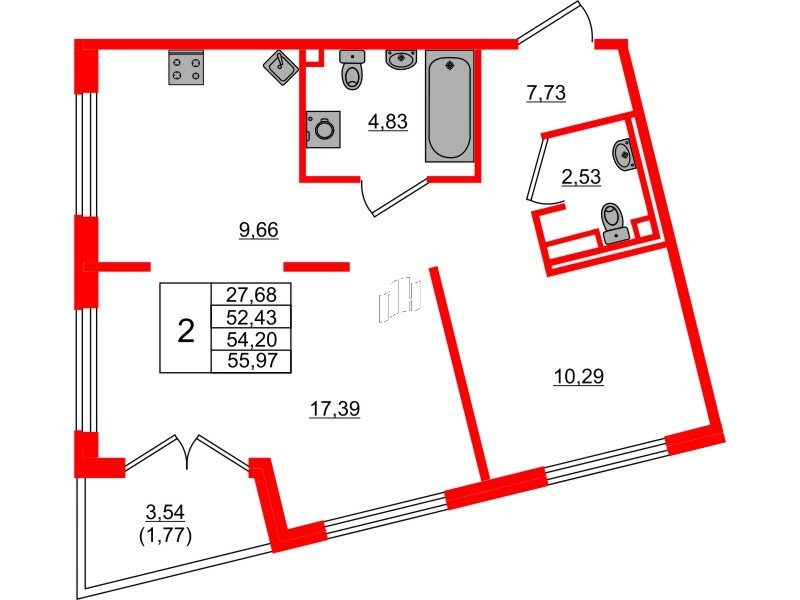 Квартира в ЖК Образцовый квартал, 2 комнатная, 52.43 м², 1 этаж