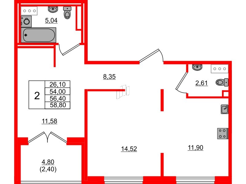 Квартира в ЖК Образцовый квартал, 2 комнатная, 54 м², 3 этаж