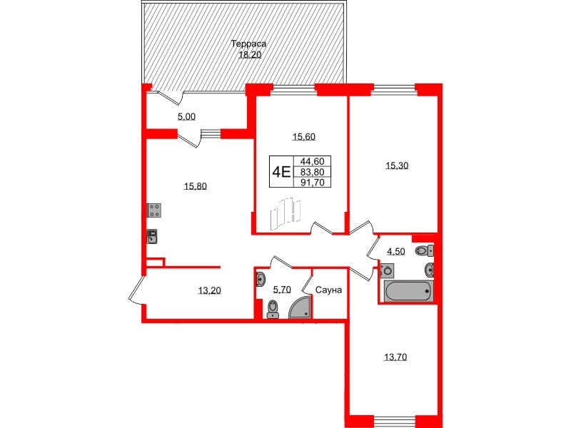 Квартира в ЖК Экография, 3 комнатная, 91.7 м², 1 этаж