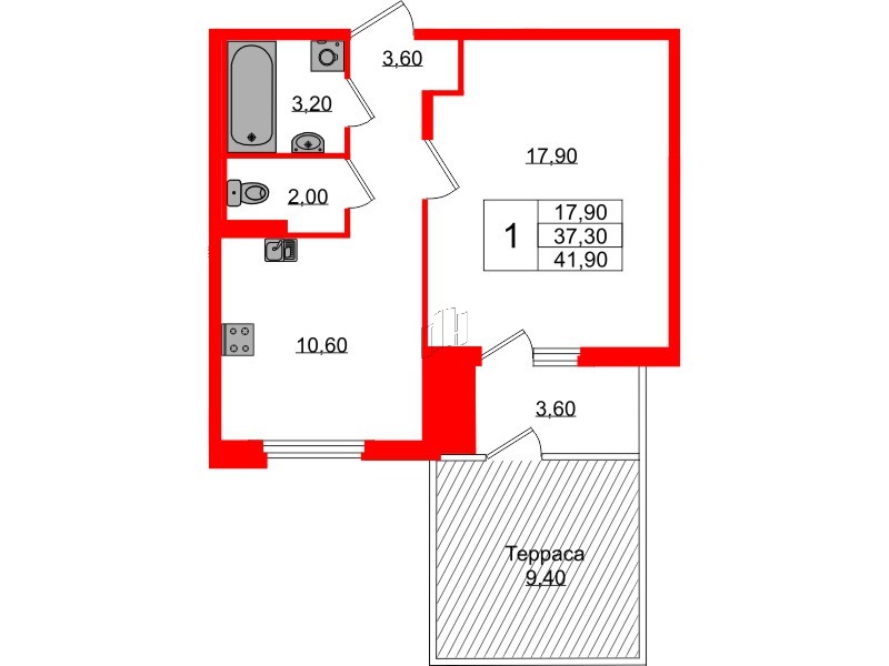 Квартира в ЖК Экография, 1 комнатная, 41.9 м², 1 этаж