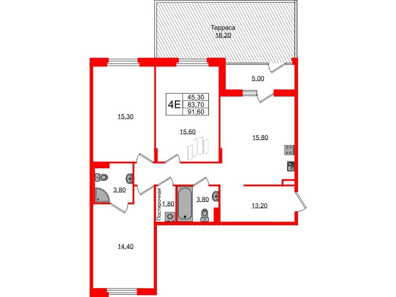 Квартира в ЖК Экография, 3 комнатная, 91.6 м², 1 этаж
