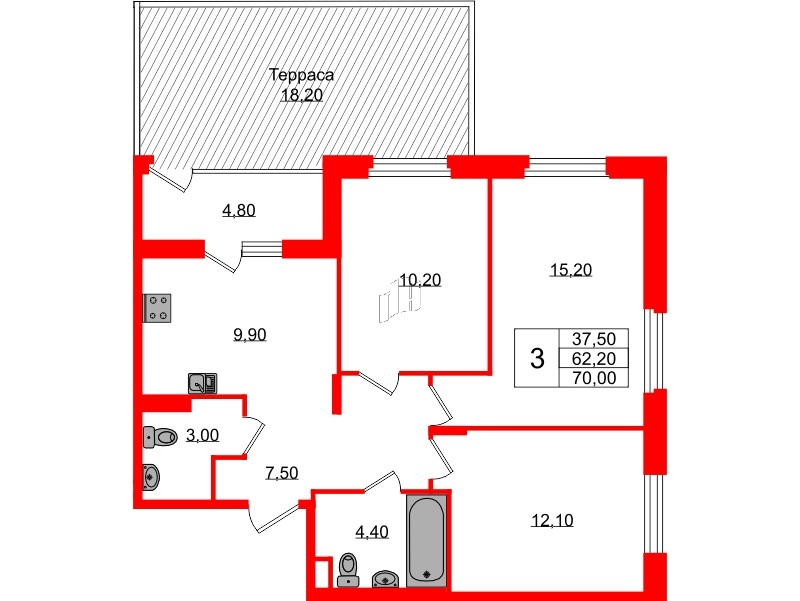 Квартира в ЖК Экография, 3 комнатная, 70 м², 1 этаж