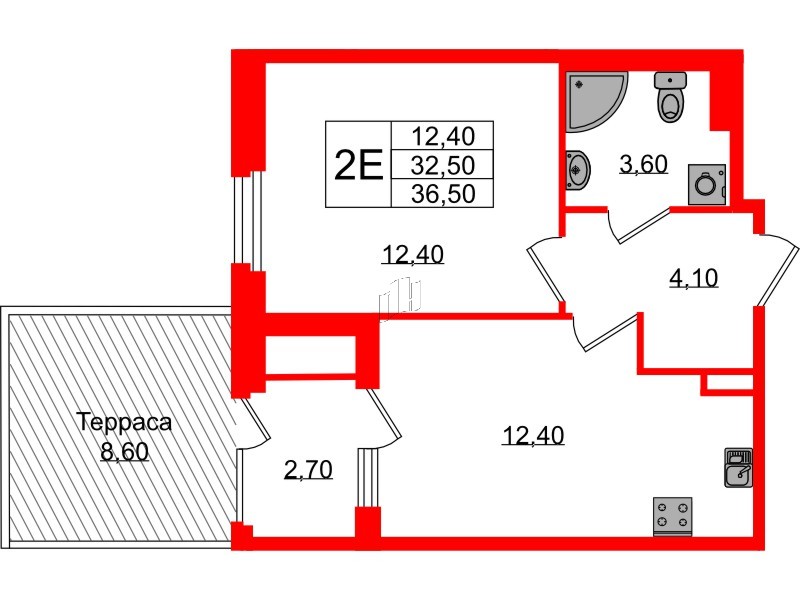 Квартира в ЖК Экография, 1 комнатная, 36.5 м², 1 этаж