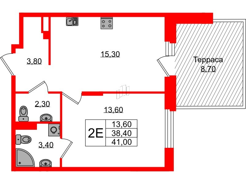Квартира в ЖК Экография, 1 комнатная, 41 м², 1 этаж