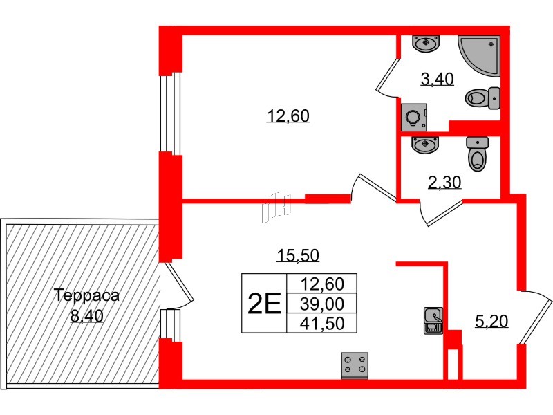 Квартира в ЖК Экография, 1 комнатная, 41.5 м², 1 этаж