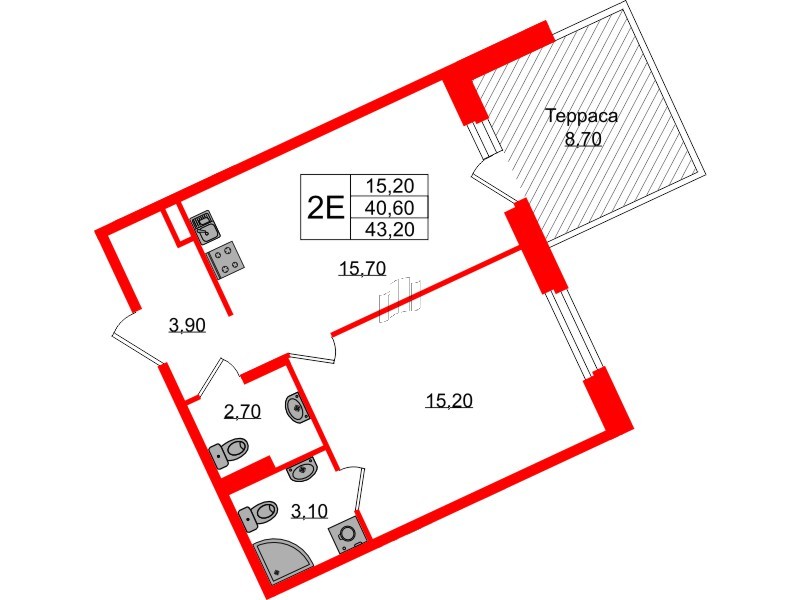 Квартира в ЖК Экография, 1 комнатная, 43.2 м², 1 этаж