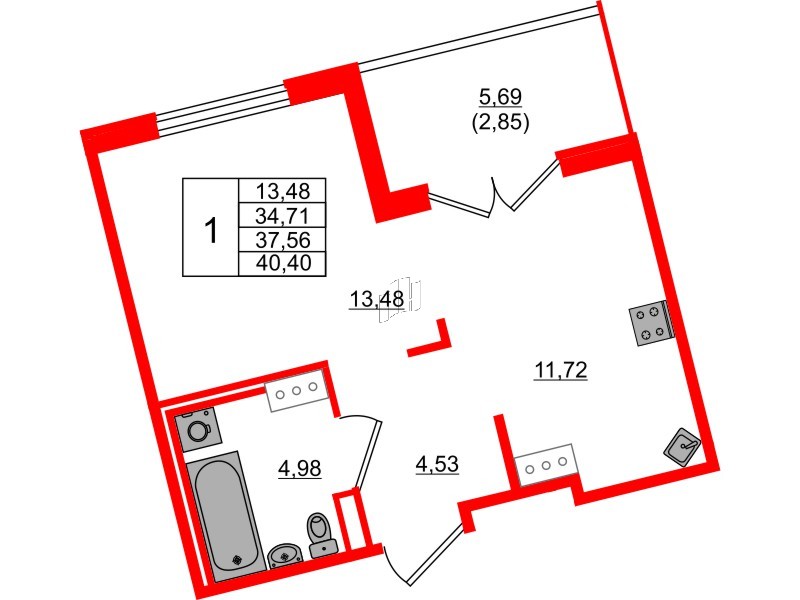 Квартира в ЖК Образцовый квартал, 1 комнатная, 34.71 м², 2 этаж