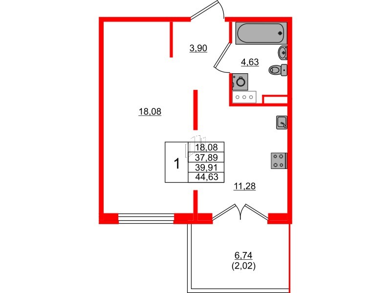 Квартира в ЖК Образцовый квартал, 1 комнатная, 37.89 м², 2 этаж
