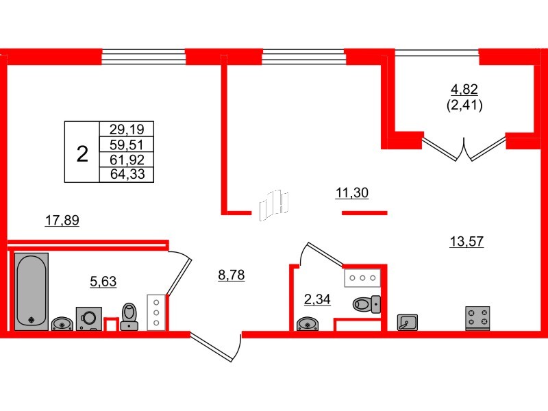 Квартира в ЖК Образцовый квартал, 2 комнатная, 59.51 м², 2 этаж