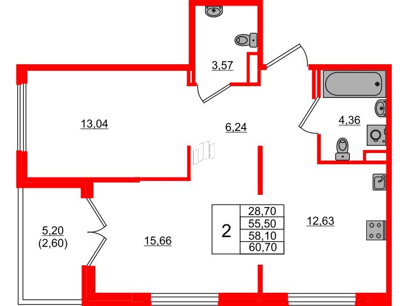Квартира в ЖК Образцовый квартал, 2 комнатная, 55.5 м², 1 этаж