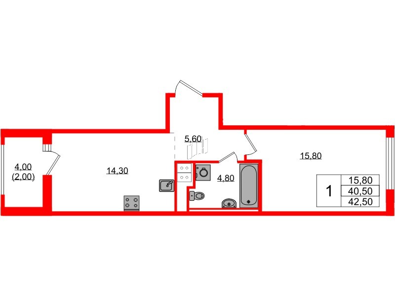 Квартира в ЖК Янила Форест, 1 комнатная, 42.5 м², 2 этаж