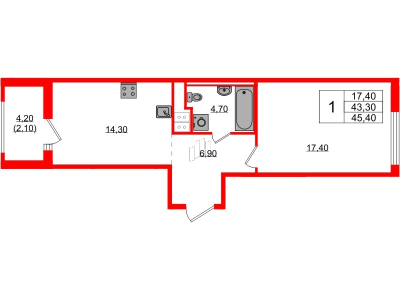 Квартира в ЖК Янила Форест, 1 комнатная, 45.4 м², 3 этаж