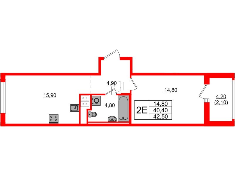 Квартира в ЖК Янила Форест, 1 комнатная, 42.5 м², 2 этаж