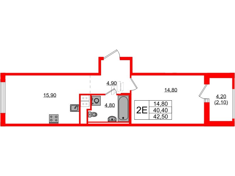 Квартира в ЖК Янила Форест, 1 комнатная, 42.5 м², 9 этаж