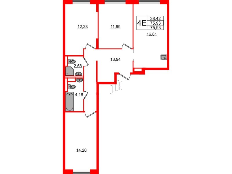 Квартира в ЖК Новые Лаврики, 3 комнатная, 75.93 м², 6 этаж