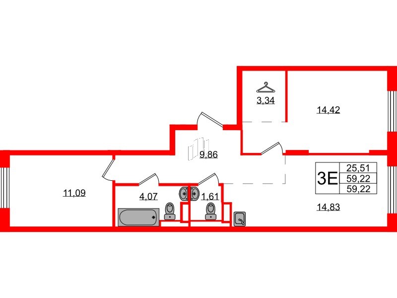 Квартира в ЖК Новые Лаврики, 2 комнатная, 59.22 м², 6 этаж