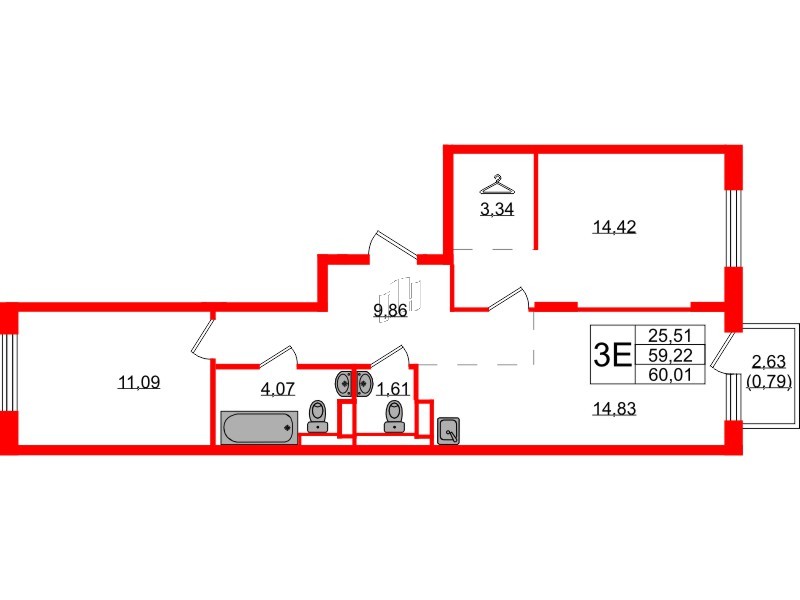 Квартира в ЖК Новые Лаврики, 2 комнатная, 60.01 м², 11 этаж