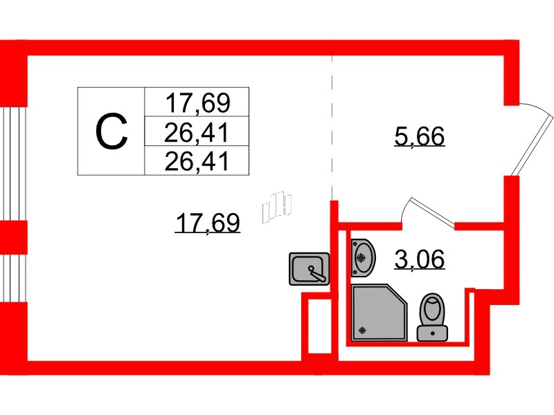 Квартира в ЖК Новые Лаврики, студия, 26.41 м², 6 этаж