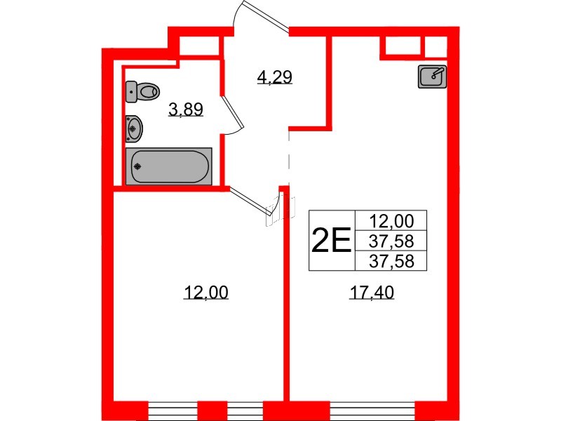 Квартира в ЖК Новые Лаврики, 1 комнатная, 37.58 м², 2 этаж