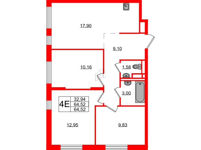 Квартира в ЖК Новые Лаврики, 3 комнатная, 64.52 м², 2 этаж