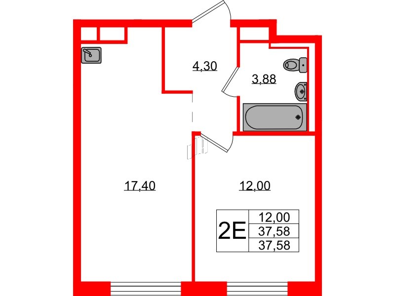 Квартира в ЖК Новые Лаврики, 1 комнатная, 37.58 м², 12 этаж