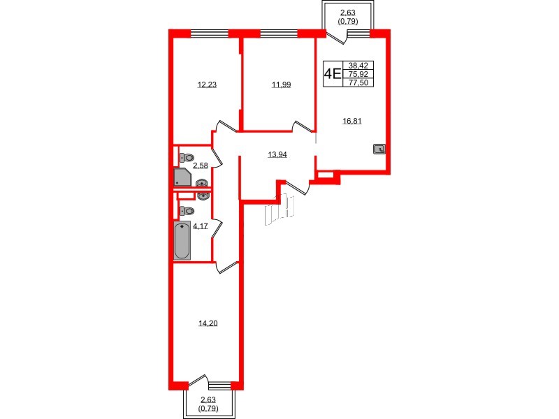 Квартира в ЖК Новые Лаврики, 3 комнатная, 77.5 м², 4 этаж