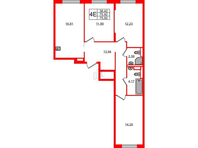Квартира в ЖК Новые Лаврики, 3 комнатная, 75.92 м², 12 этаж