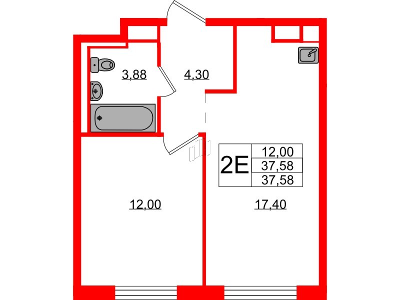 Квартира в ЖК Новые Лаврики, 1 комнатная, 37.58 м², 12 этаж