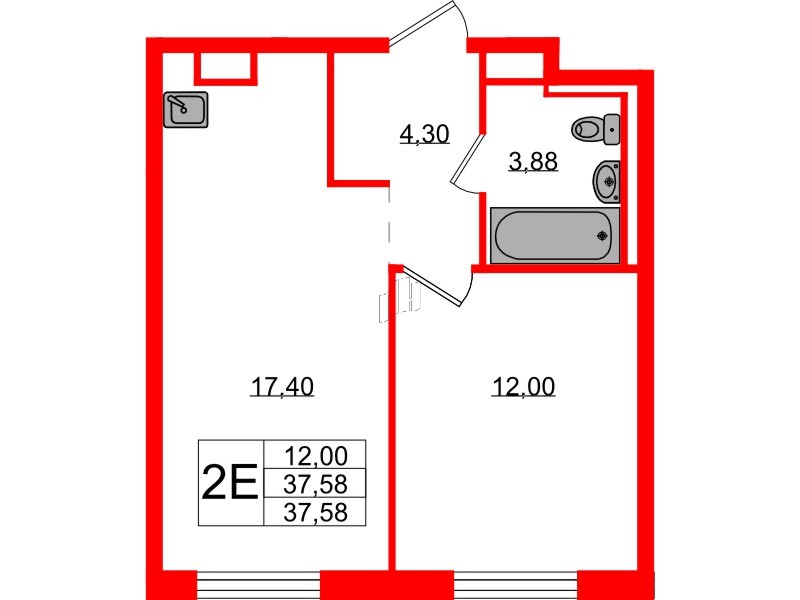 Квартира в ЖК Новые Лаврики, 1 комнатная, 37.58 м², 12 этаж
