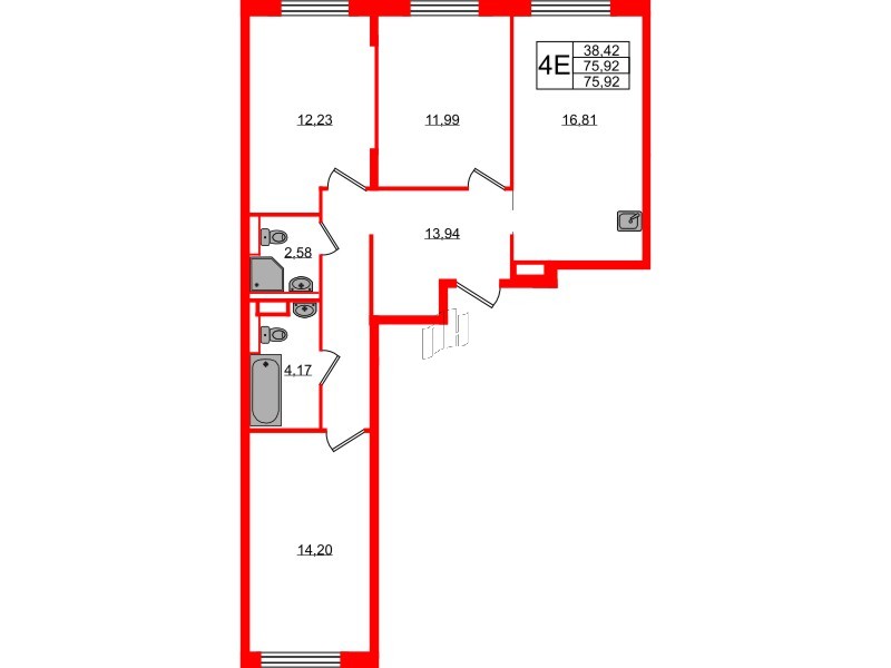 Квартира в ЖК Новые Лаврики, 3 комнатная, 75.92 м², 12 этаж