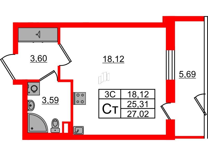 Квартира в ЖК «Парадный ансамбль», студия, 25.31 м², 1 этаж