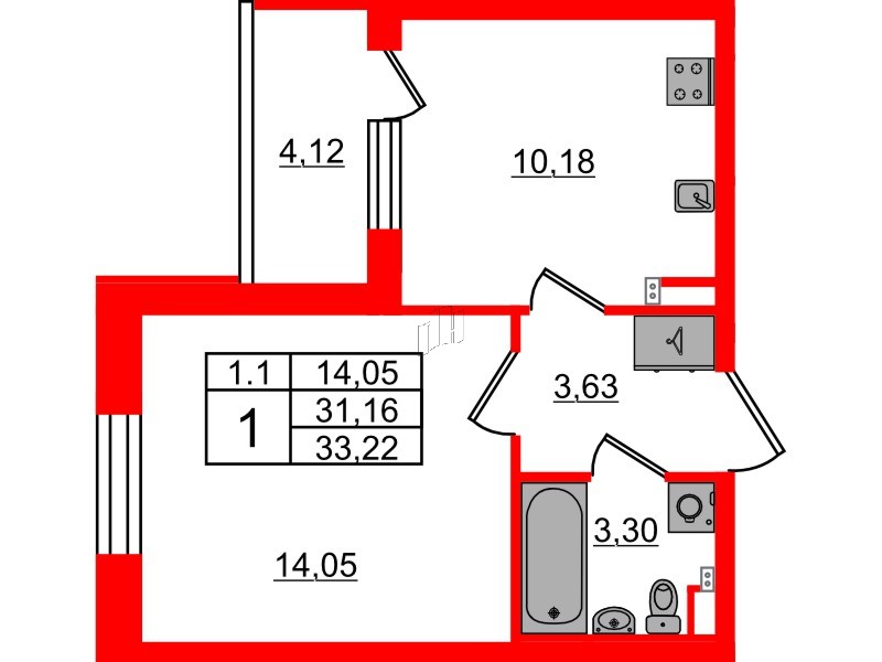 Квартира в ЖК «Парадный ансамбль», 1 комнатная, 31.16 м², 2 этаж