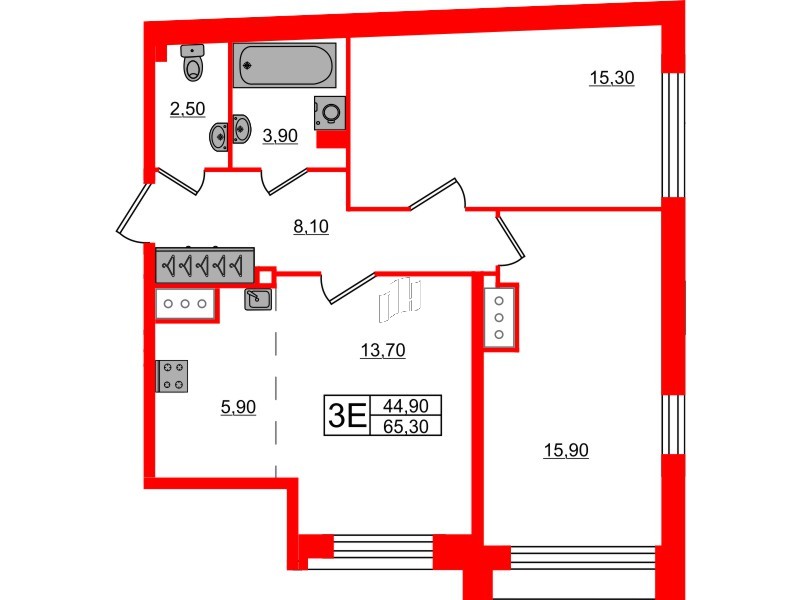 Квартира в ЖК Измайловский, 2 комнатная, 65.3 м², 8 этаж