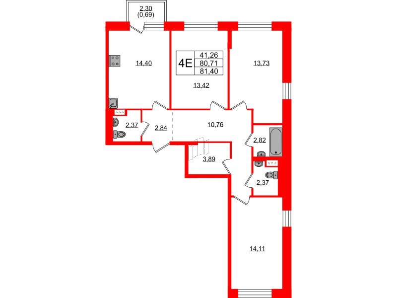 Квартира в ЖК Живи в Рыбацком, 3 комнатная, 81.4 м², 3 этаж