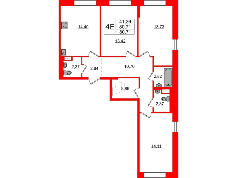 Квартира в ЖК Живи в Рыбацком, 3 комнатная, 80.71 м², 5 этаж