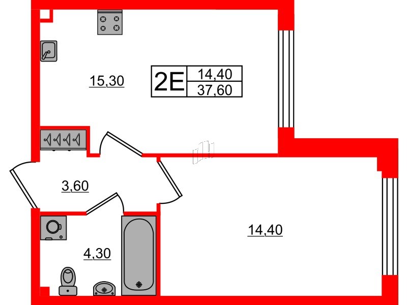 Квартира в ЖК Измайловский, 1 комнатная, 37.6 м², 2 этаж