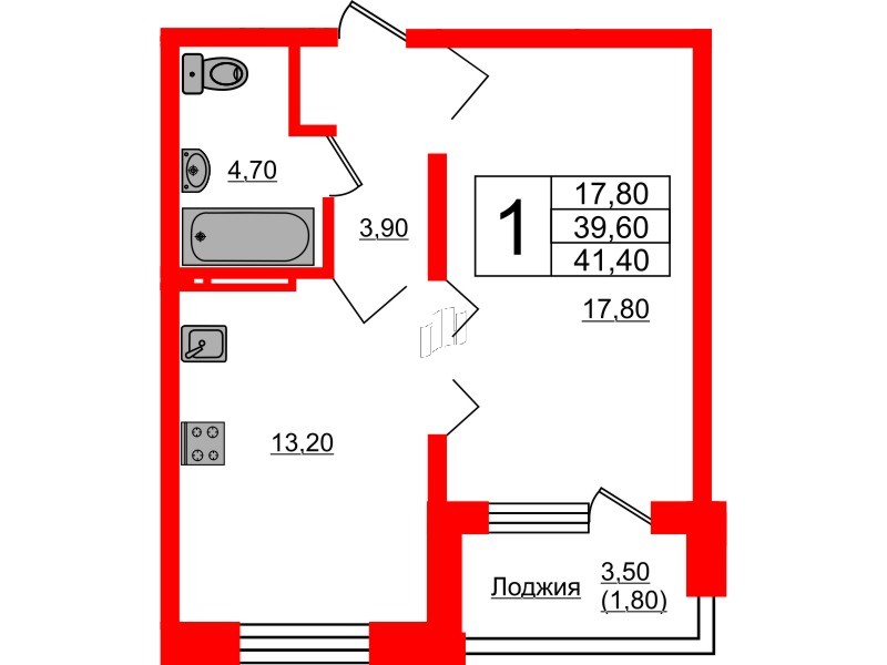 Квартира в ЖК Сибирь, 1 комнатная, 41.4 м², 12 этаж