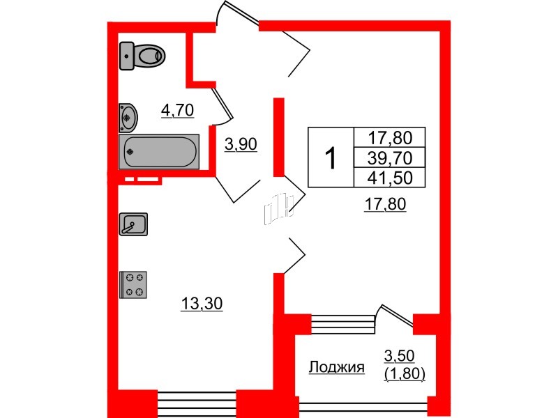 Квартира в ЖК Сибирь, 1 комнатная, 41.5 м², 1 этаж