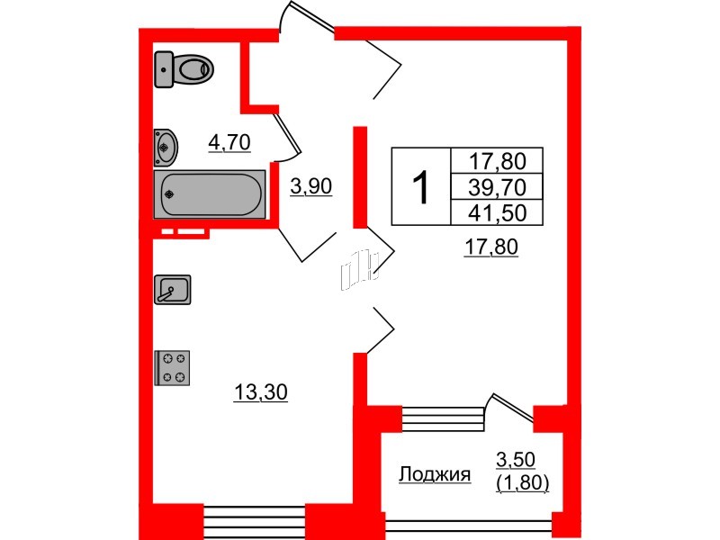 Квартира в ЖК Сибирь, 1 комнатная, 41.5 м², 1 этаж