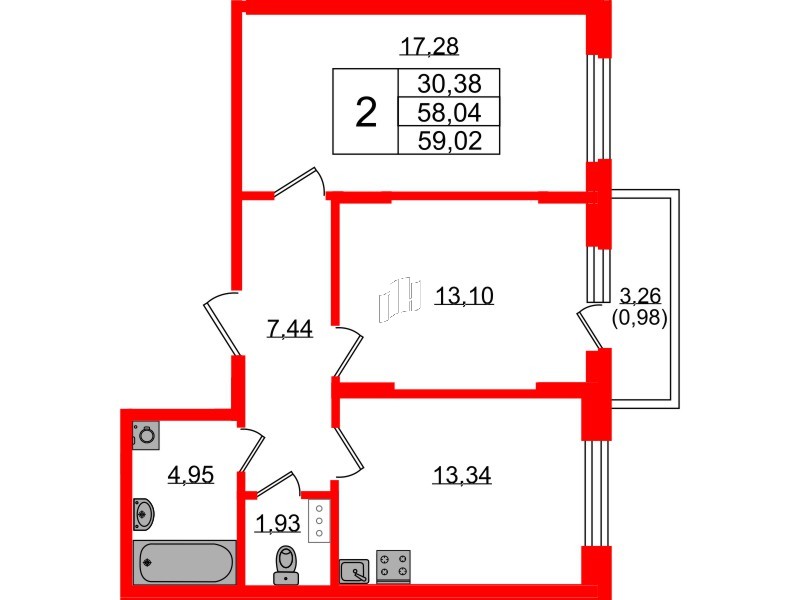 Квартира в ЖК «Аннино Сити», 2 комнатная, 59.02 м², 3 этаж