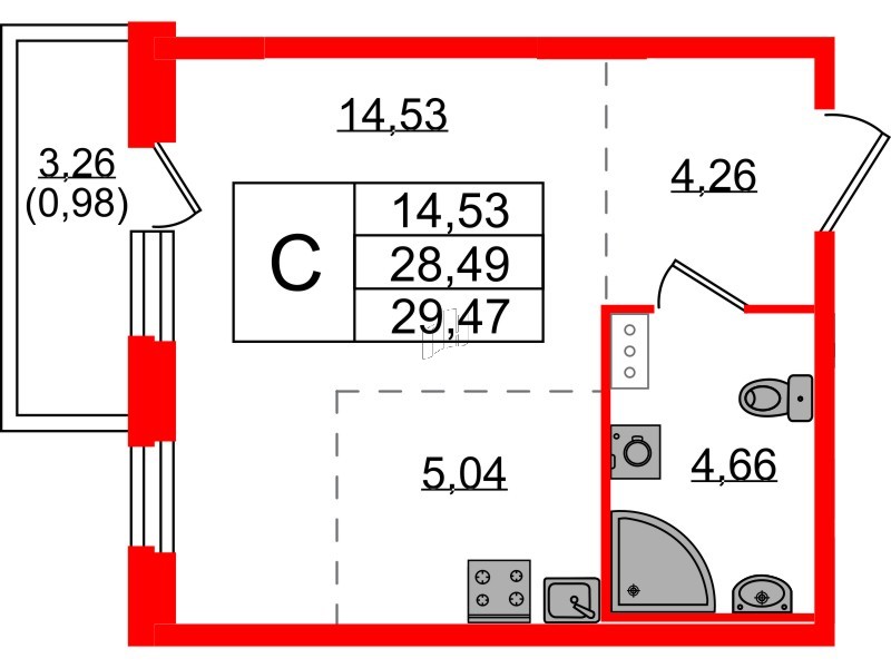 Квартира в ЖК «Аннино Сити», студия, 29.47 м², 3 этаж